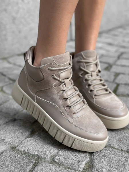 Кеди жіночі замшеві хайтопи зі шкірою на хутрі р. 37 24 см Бежевий