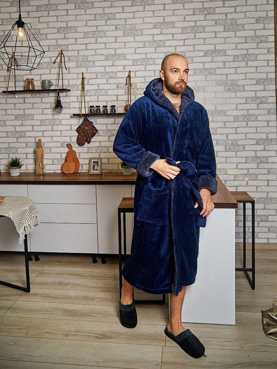 Мужской халат на махровый запах L Синий (31718249)