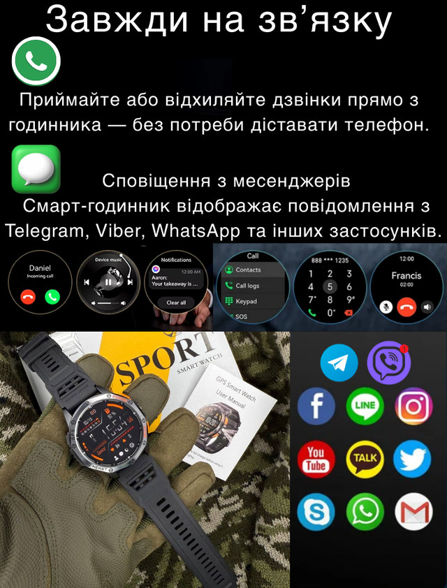 Смарт-годинник чоловічий військовий Modfit GPS сталевий корпус з компасом/функцією дзвінка та ремінцями 2 шт. Army Green (1077-GPSMax) - фото 13 Смарт-годинник чоловічий військовий Modfit GPS сталевий корпус з компасом/функцією дзвінка та ремінцями 2 шт. Army Green (1077-GPSMax) - фото 13