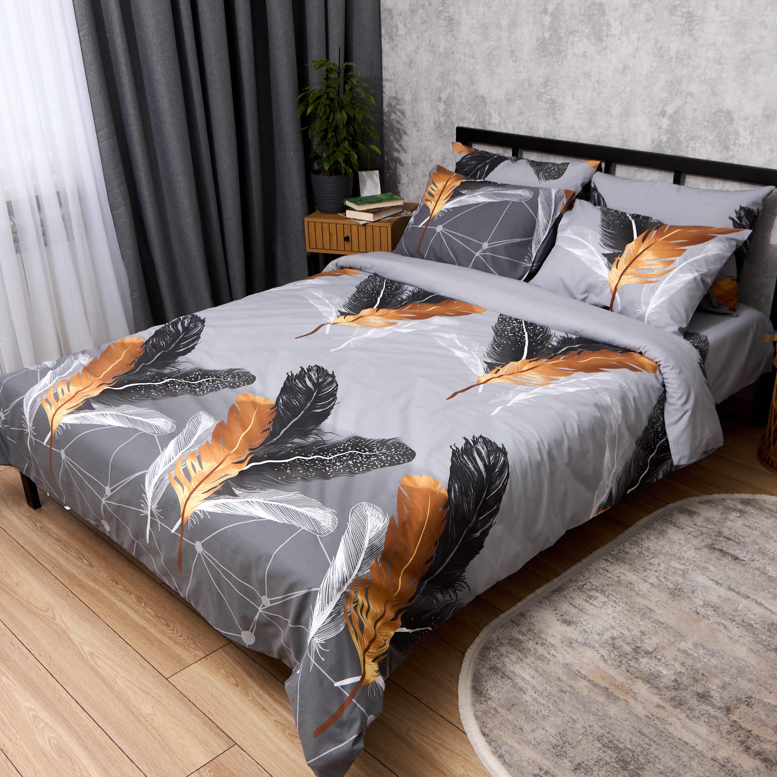 Комплект постельного белья Moon&Star Бязь Gold Люкс Graphite Feather семейный 143х210 см 2 шт. наволочки 2 шт. 70х70 см (MS-820013992)