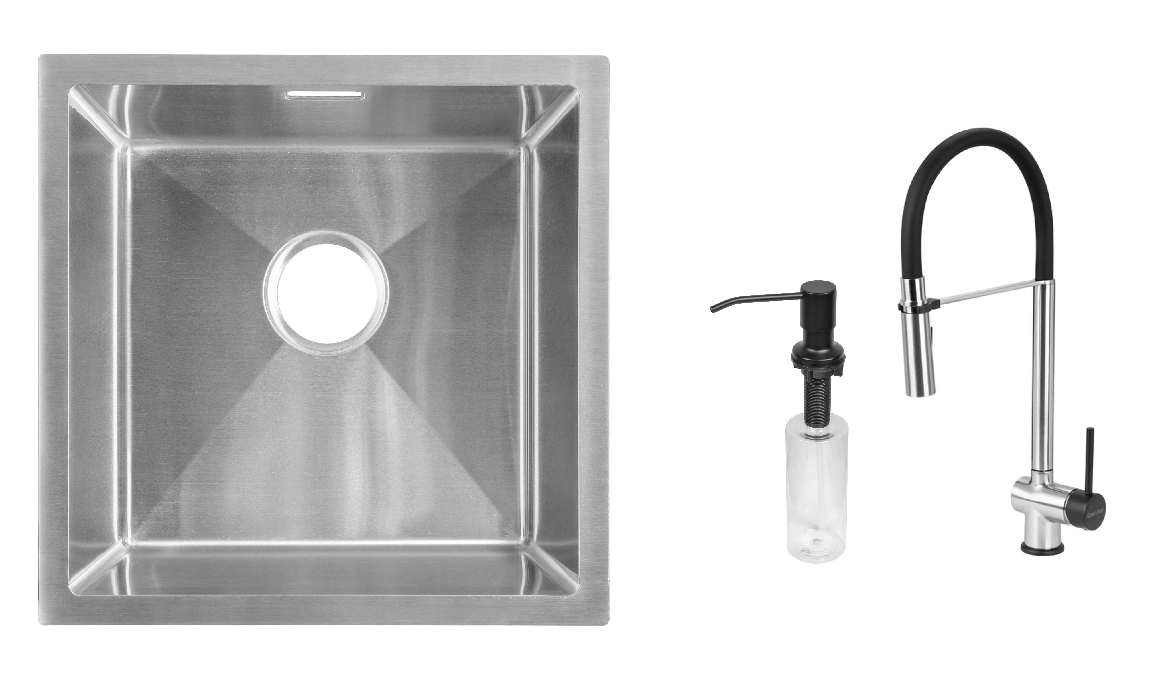 Комплект из кухонной мойки Gunter&Hauer Olef 4522 Inox кухонного смесителя Gunter&Hauer EDEL Brush Black и дозатора Gunter&Hauer SOAP DISPENSER Black