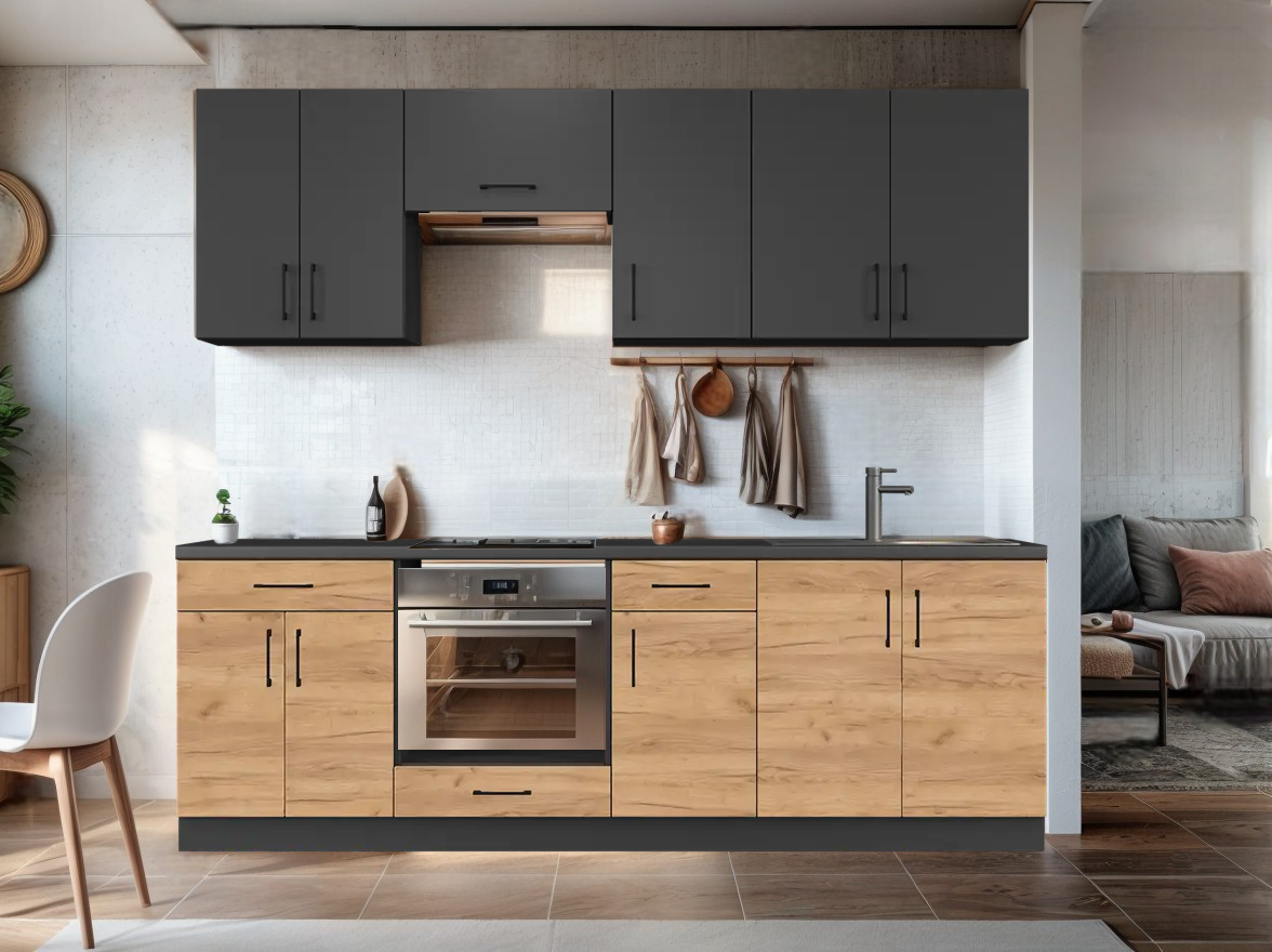 Кухня со столешницей Tobi Sho Optima -К7 модульная 2,4 м Антрацитовый/Дуб Крафт Золотой корпус Антрацитовый