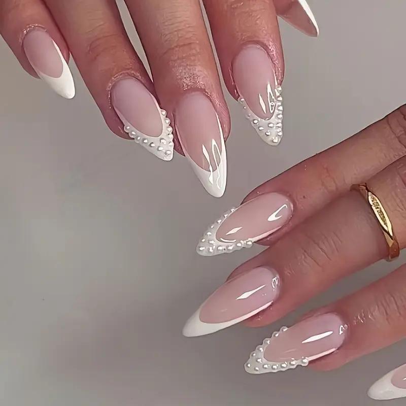 Накладные ногти френч с объемным жемчугом миндаль средней длины с клеевыми пластинами 24 шт. Белый (2789190705) - фото 2 Накладные ногти френч с объемным жемчугом миндаль средней длины с клеевыми пластинами 24 шт. Белый (2789190705) - фото 2