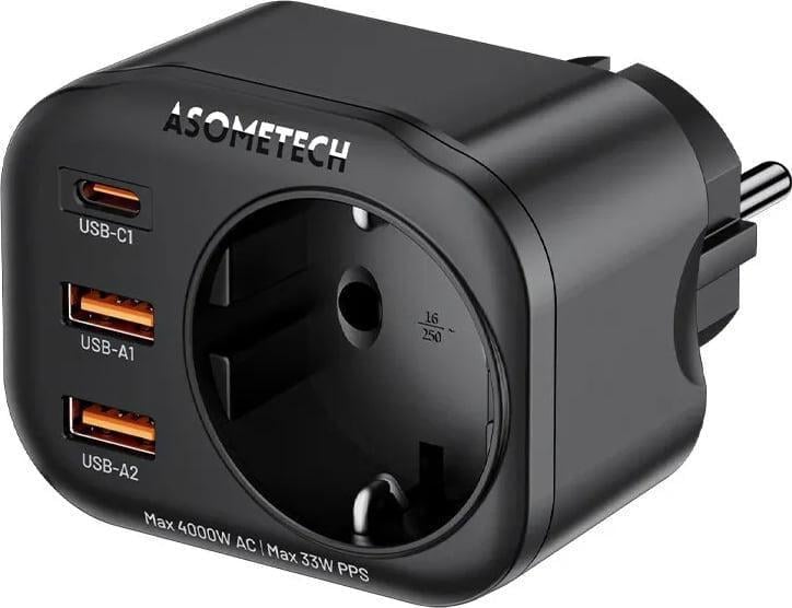 Зарядний пристрій ASOMETECH WP09-F-PD 33W GAN PD3.0/QC4 порти Type-C/2USB Socket AC 4000W Black (43698)