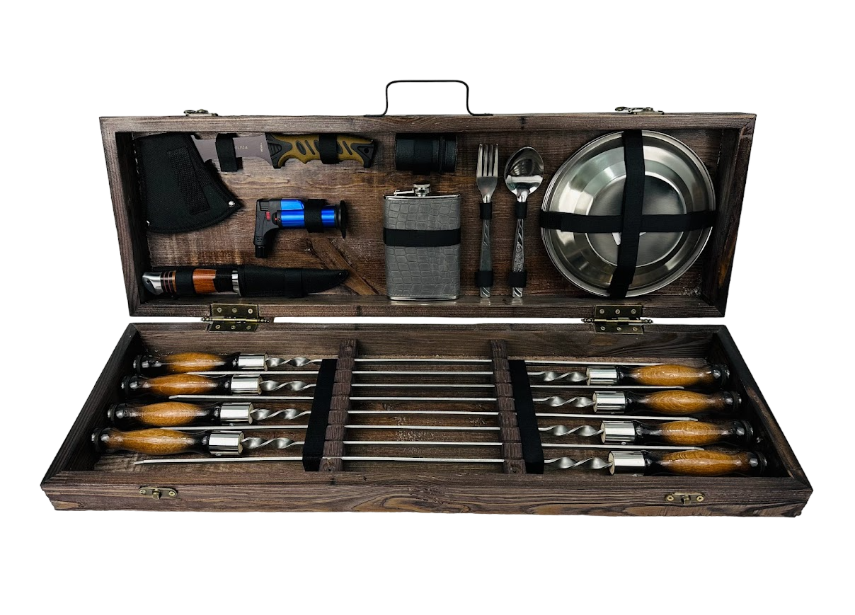 Набор шампуров подарочный Пикник в деревянном кейсе на 36 предметов (106-10-KS-7603)