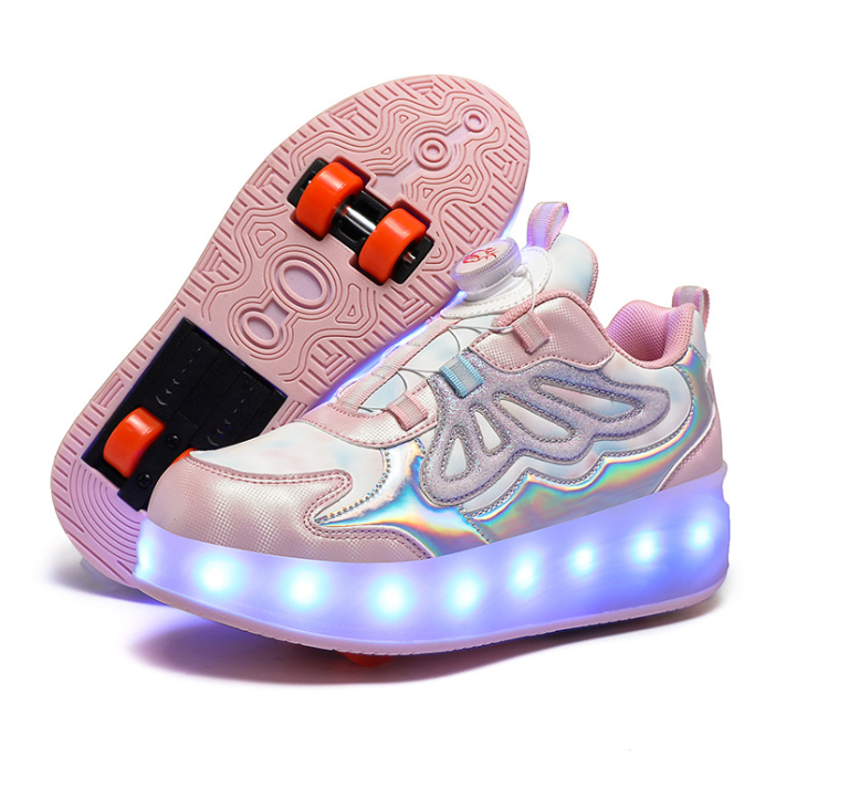 Кроссовки роликовые для девочек с LED-подсветкой на 4 колесах DL128 р. 34 22 см Белый/Розовый (DL12834)