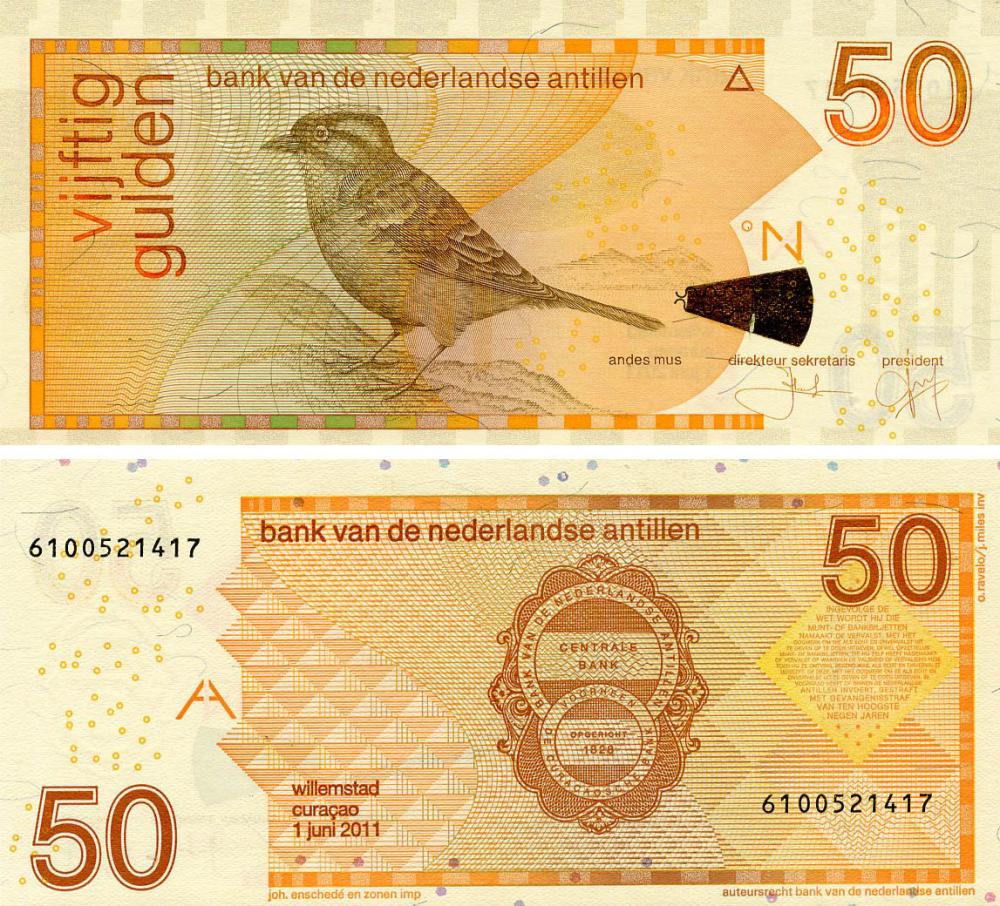 Коллекционная банкнота Нидерландские Антиллы 50 гульденов 2011 UNC Птица-Воробец (P30e)