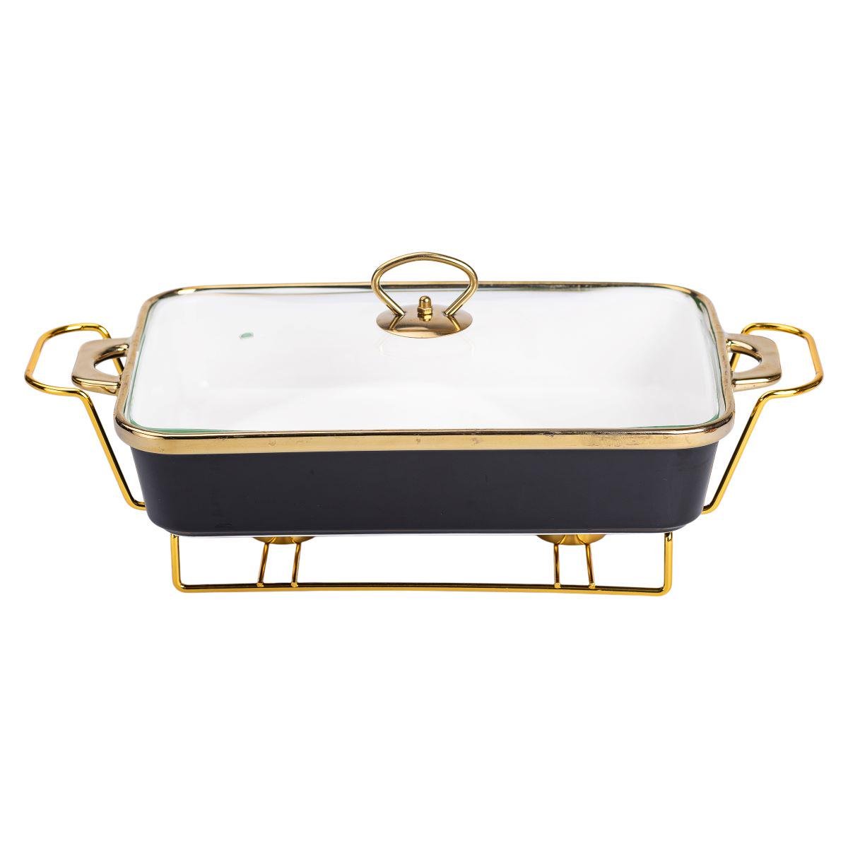 Мармит фарфоровый со стеклянной крышкой на металлической подставке 40х22,5х15,5 см 2 л Черный - фото 5