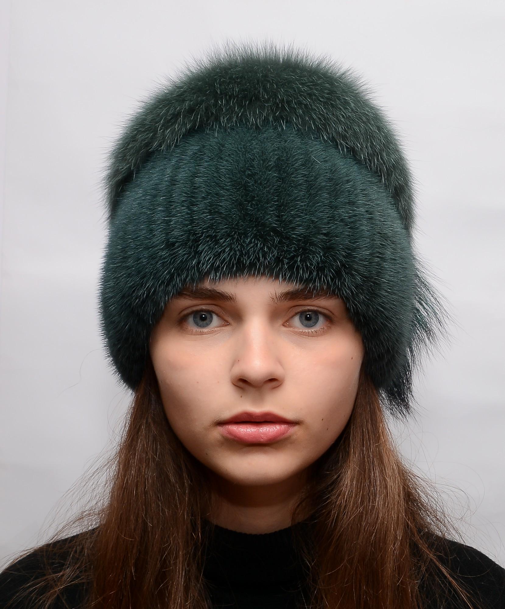 Жіноча в'язана норкова шапка Меховой стиль Колібрі з помпоном натуральне хутро Ізумруд (120/J)