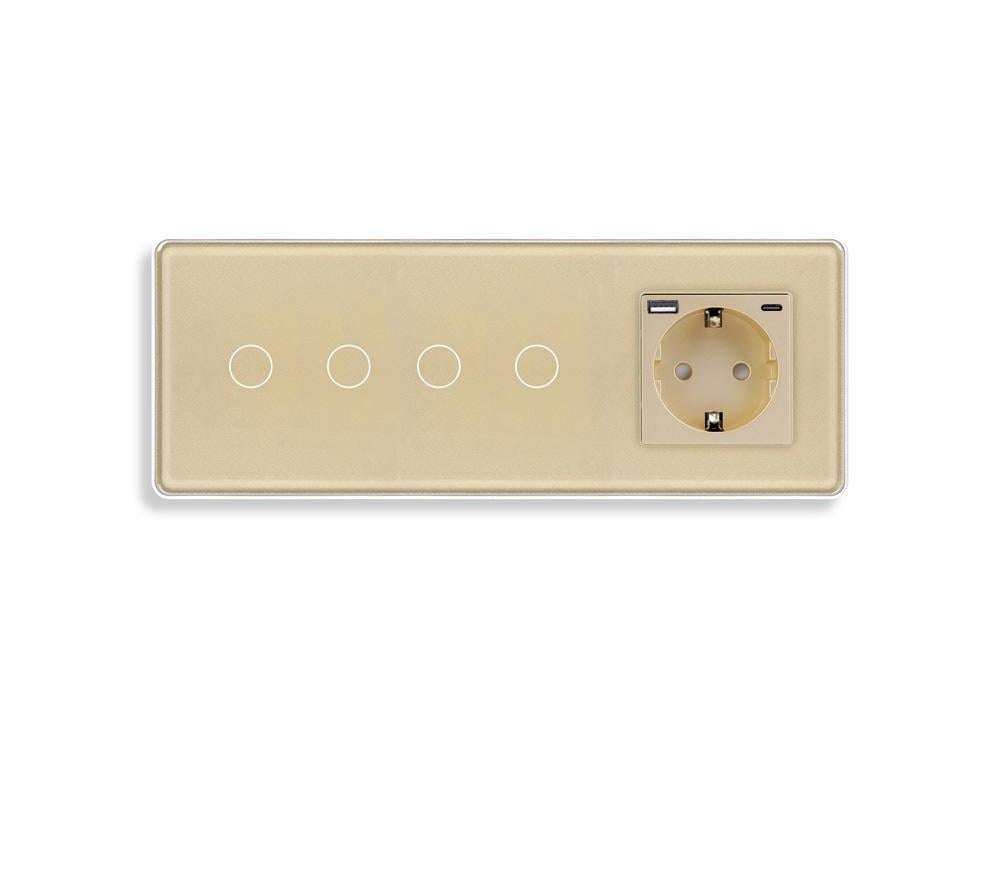 Выключатель сенсорный ELIOS 4 сенсоры 2-2 с розеткой USB A+C 20Вт с заземлением/шторками стекло Золотой