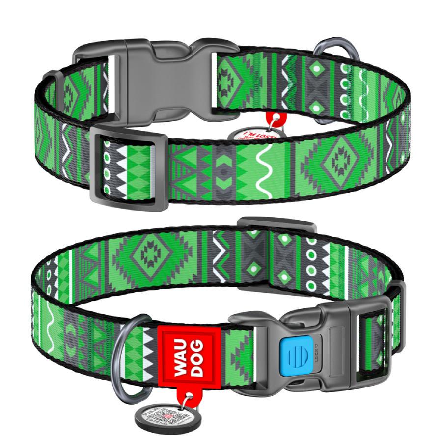 Ошейник для собак нейлоновый Waudog Nylon Этно с QR паспортом пластиковый фастекс S 15 мм 23-35 см Зеленый