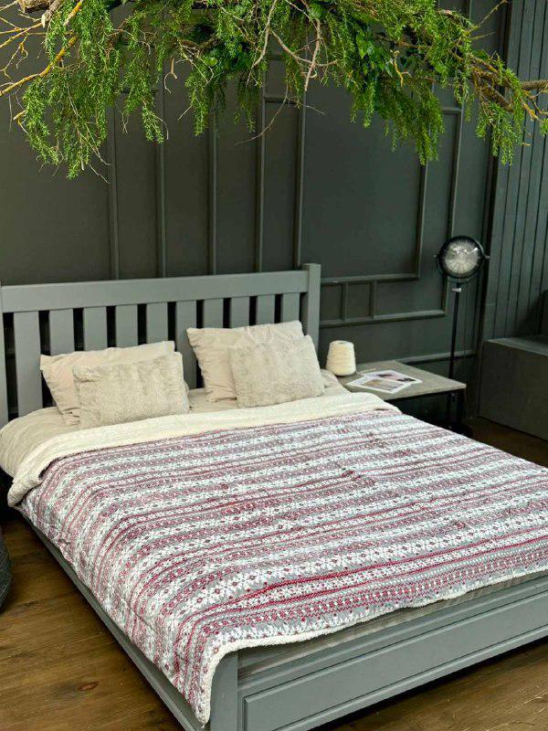 Плед на новогодний овчине 200x230 см Белый с красным