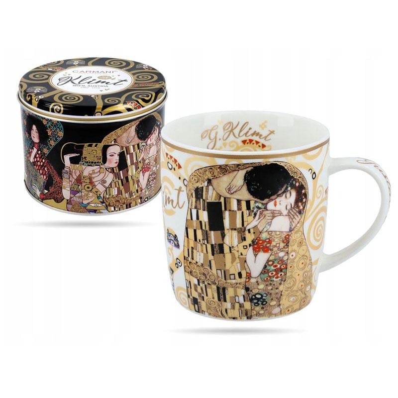 Кружка фарфоровая в металической коробке Carmani Г. Климт Поцелуй белый фон 380 мл 532-3101