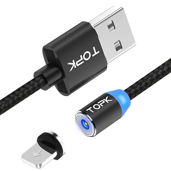 Шнур магнитный Topk LED AM23 USB 2.4A Lightning 2 м Black