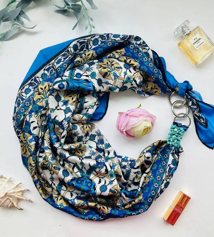 Хустка шовкова My Scarf Квіткова палітра 90 на 90 см оздоблена камінням Бірюзовий