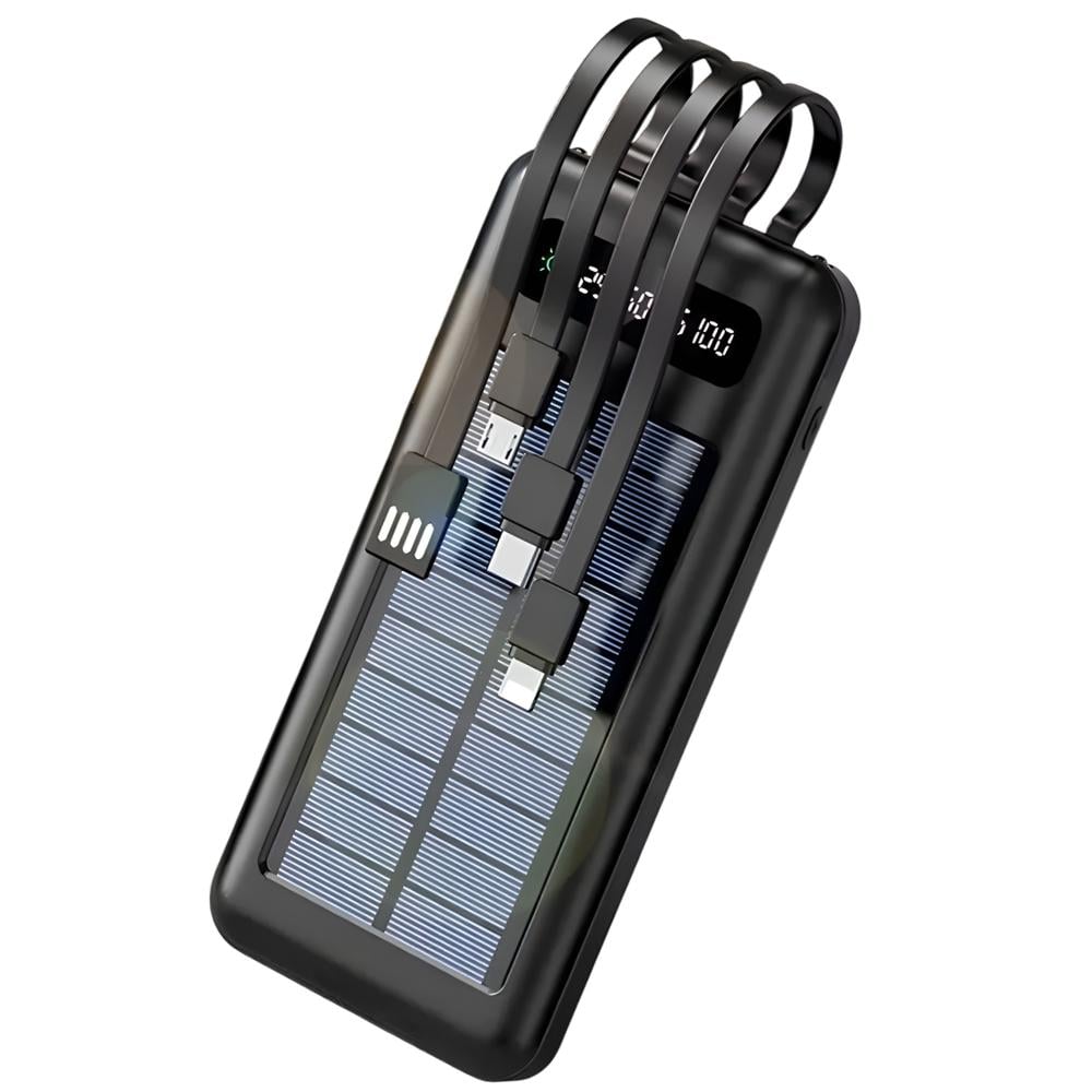 Повербанк Foyu FO-9003 с солнечной батареей и встроенными 4 кабелями micro USB-A/Type-C/lightning 20000 mAh Черный (a202de45)