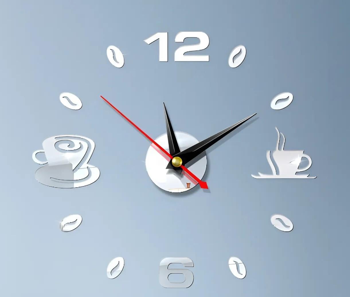 Часы настенные 3D кварцевые зеркальные Чашка кофе 40x40 8924 Серебристый