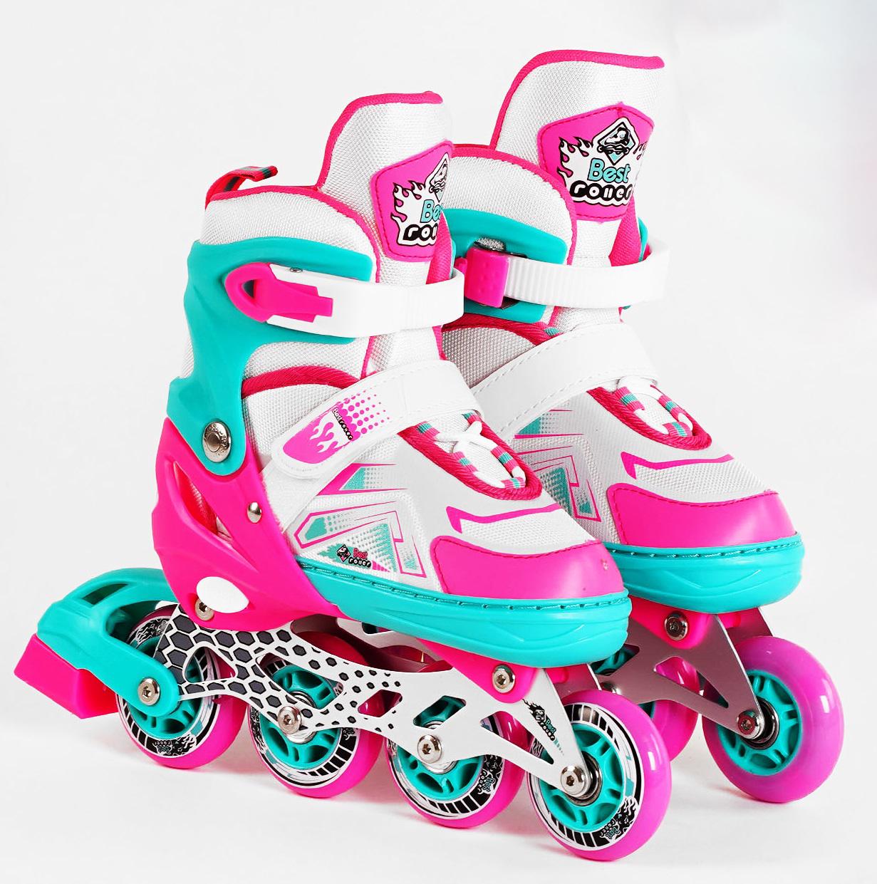 Роликовые коньки Best Roller PU колёса светящиеся в сумке р. 34-37 Turquoise/Pink/White (116281)