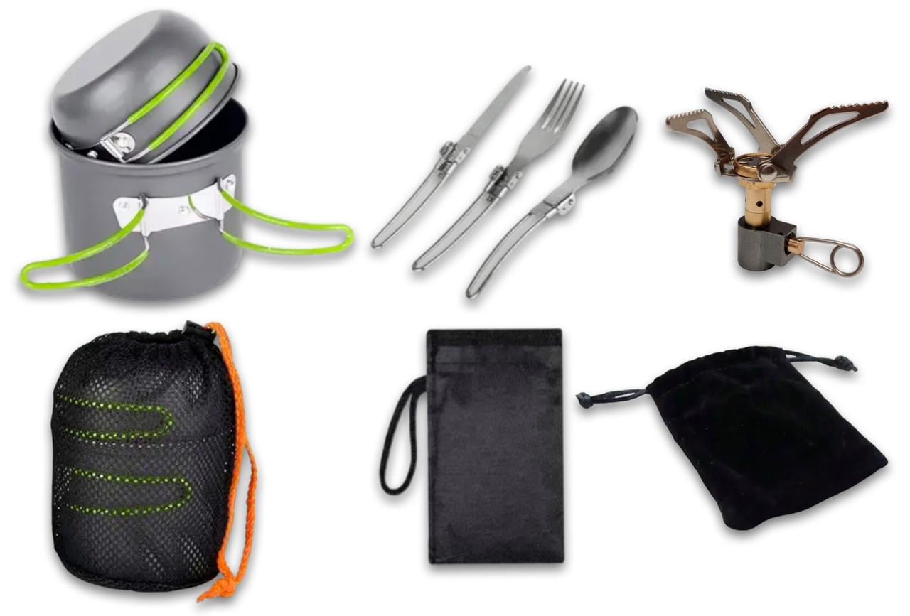 Туристический набор посуды DS-101 и вилка, ложка, нож и газовая горелка