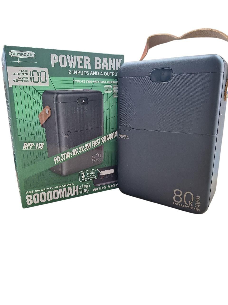 Повербанк Remax 80000 мАг 27 Вт швидка зарядка 2 Type-C 3 USB дисплей Чорний
