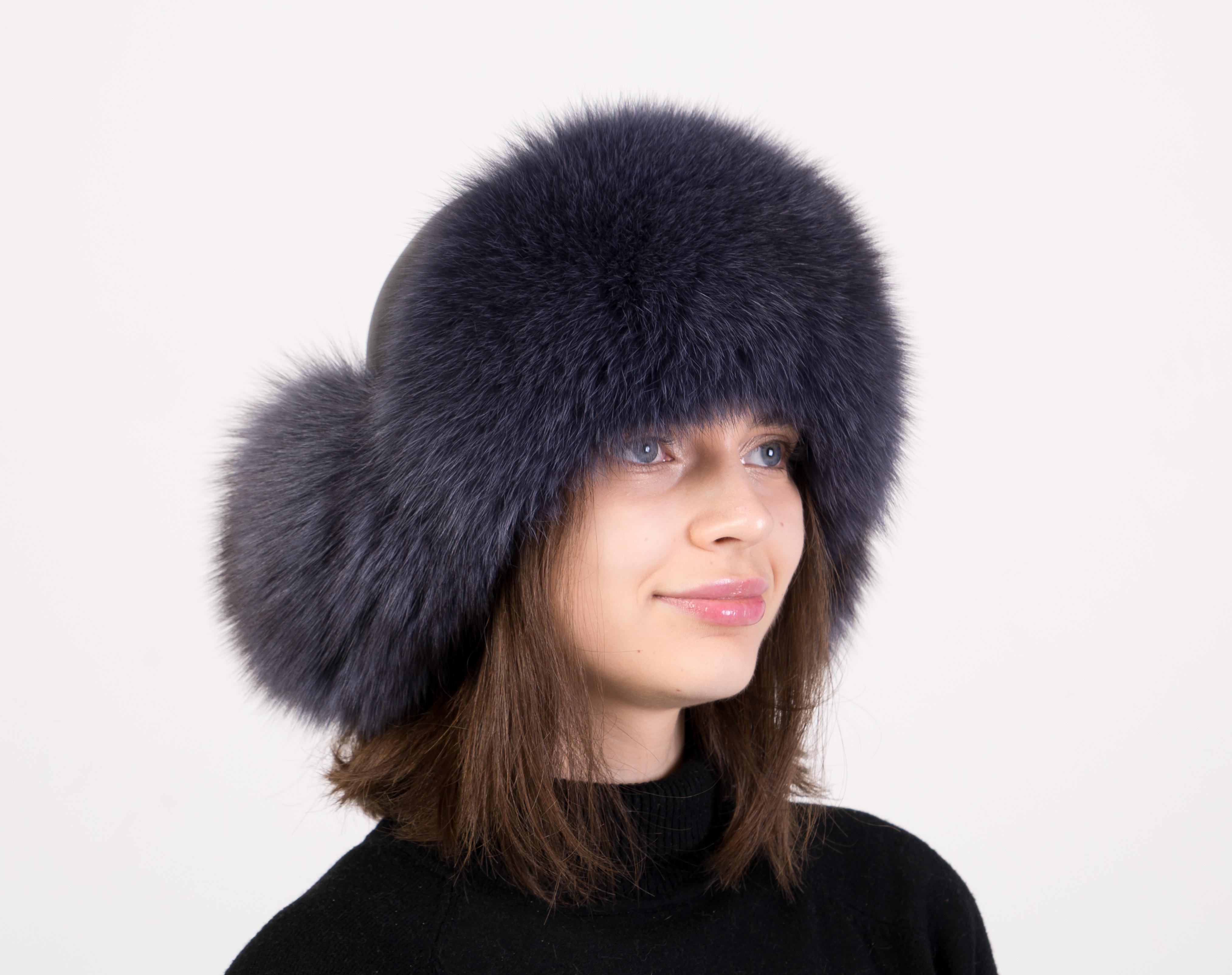 Шапка женская Меховой стиль Ушанка из натурального меха песца M-L Синий ирис (401/K)