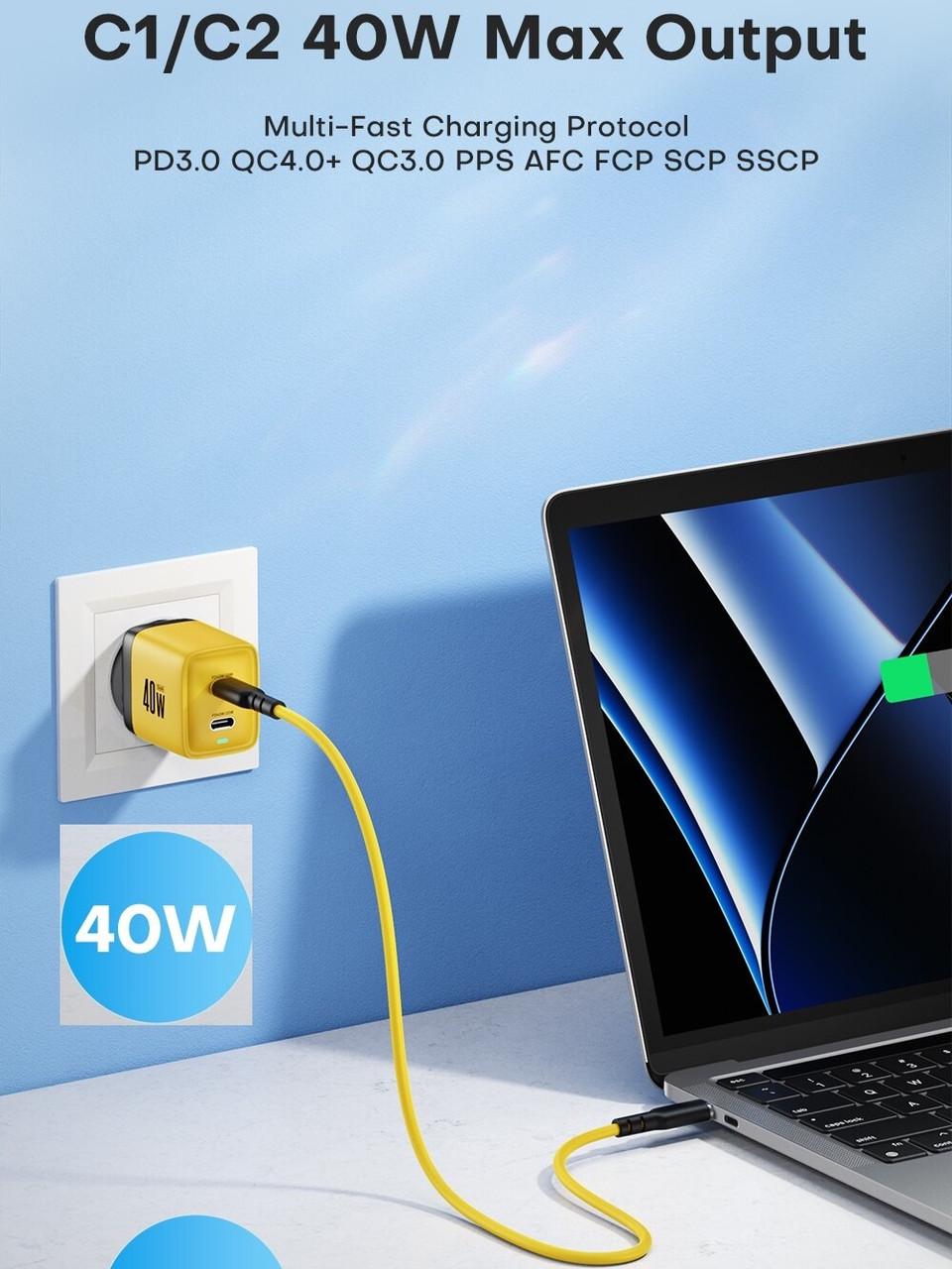 Зарядний пристрій мережевий Asometech GAN 40W 2 type-c Yellow (25397315) - фото 3 Зарядний пристрій мережевий Asometech GAN 40W 2 type-c Yellow (25397315) - фото 3