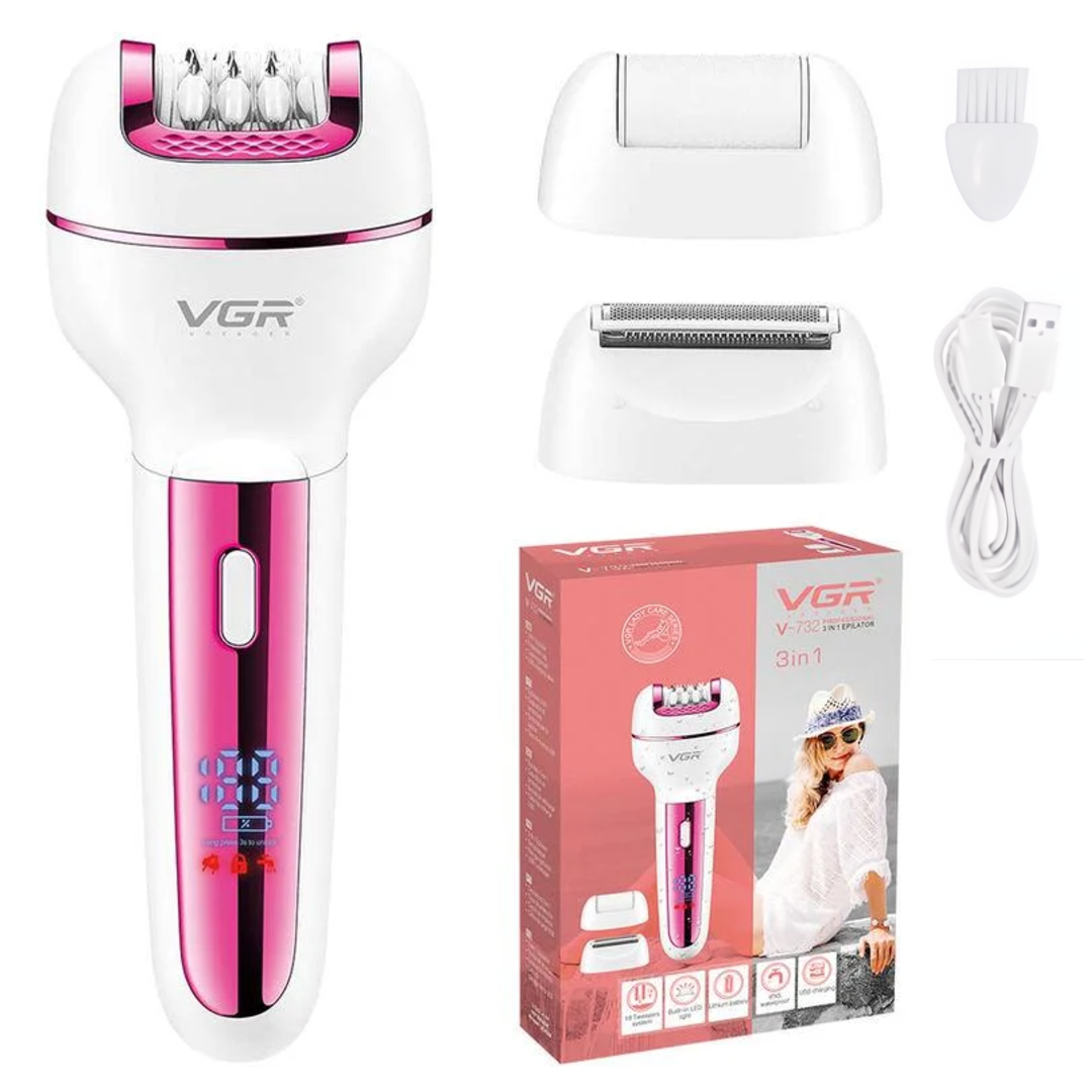 Епілятор жіночий VGR бездротовий/волога епіляція з 3 насадками 5 Вт Рожевий (28730056)