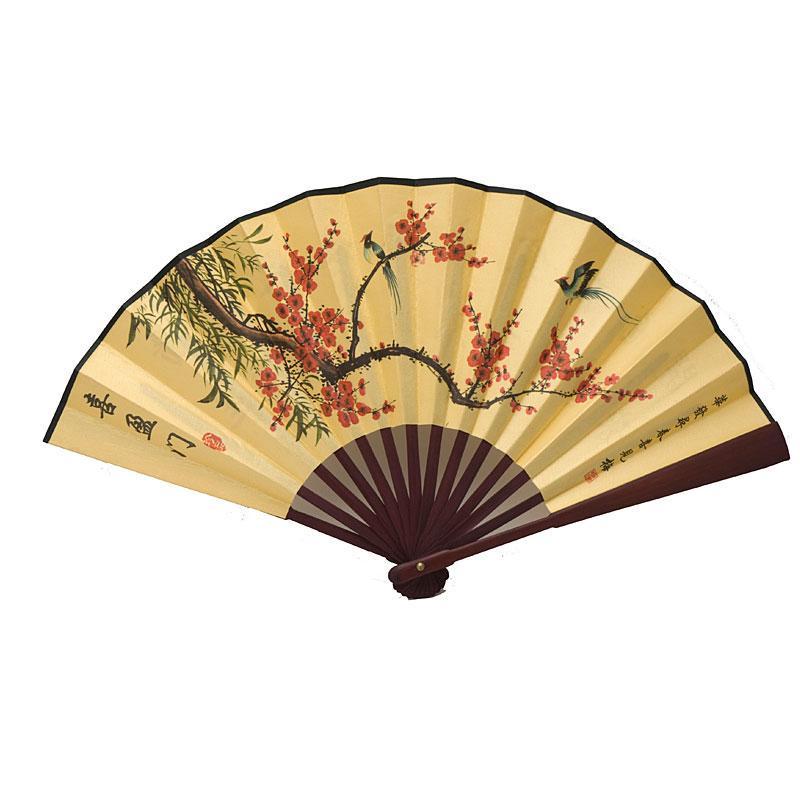 Веер двухсторонний Сакура и пара птиц 26х46 см Желтый (В1143a)