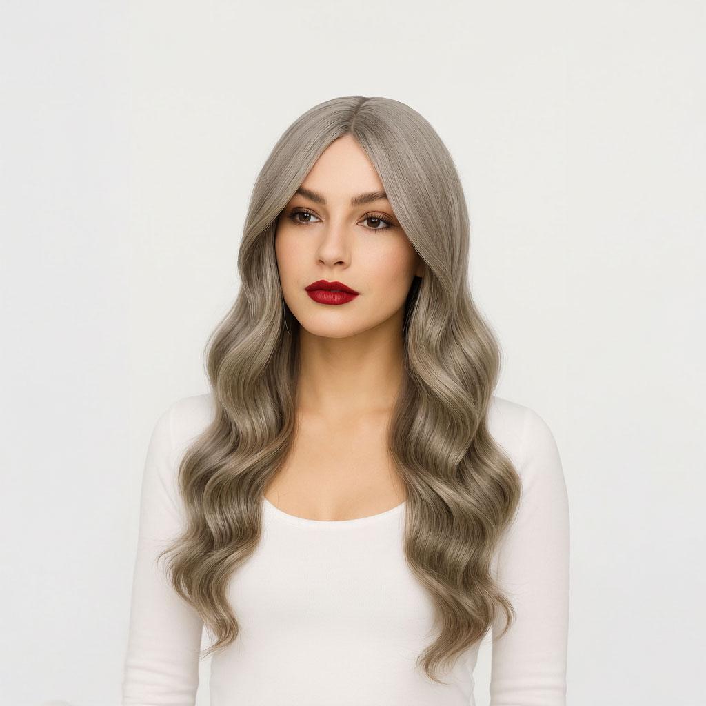 Перука хвиляста без чубчика з проділом 60 см Сірий попелястий (K001061)