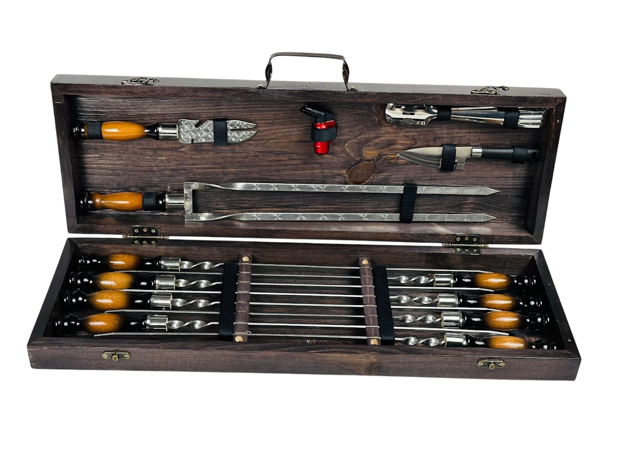 Набор шампуров Патриот с аксессуарами 13 предметов для пикника в деревянном кейсе 74х24х10 см Коричневый (124-10-KS-7607)