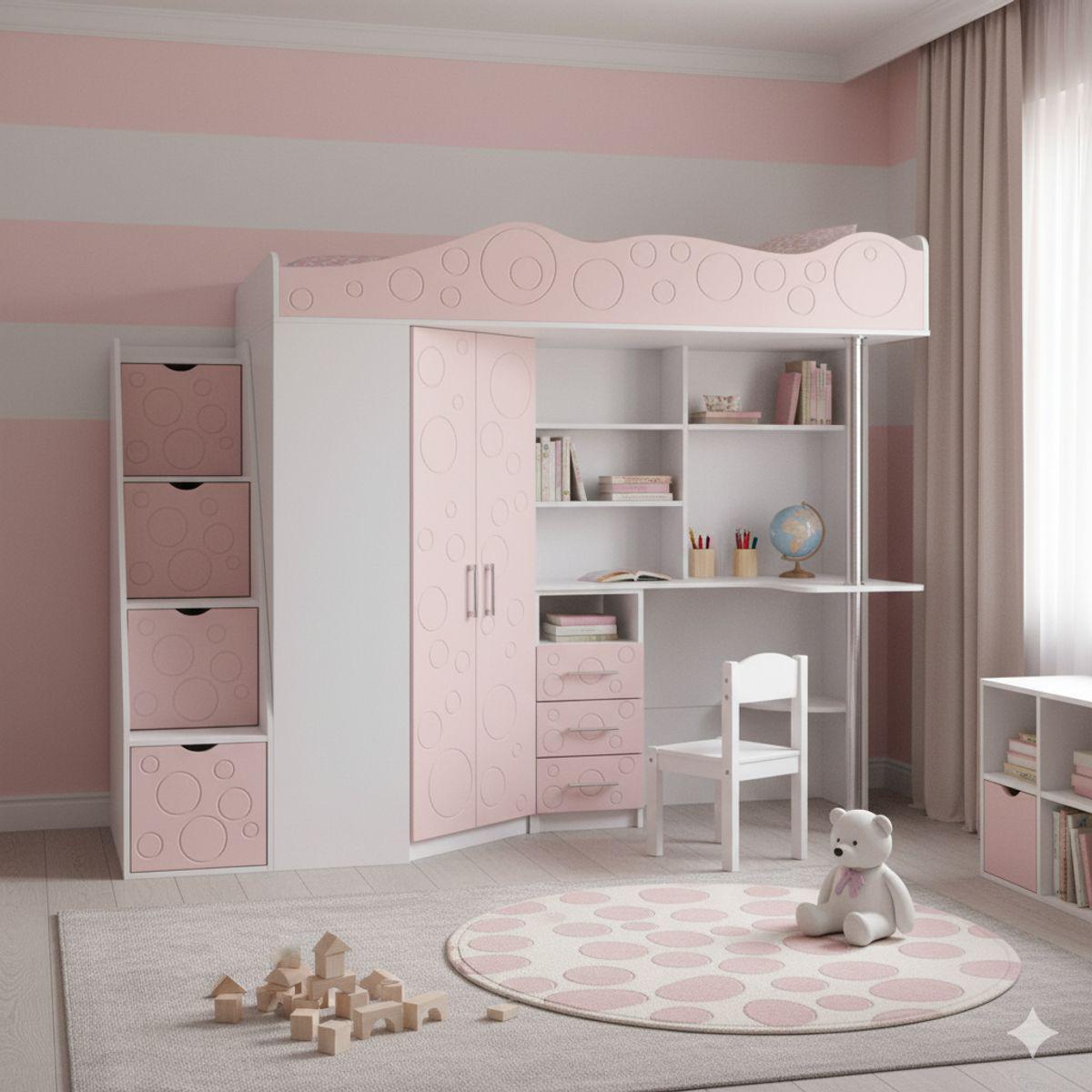 Кровать-чердак детский AiH Binky ДС37А левый с рабочей зоной/шкафом и ящиками 80х190 см Белый бриллиант/Розовый (BK01010022000)