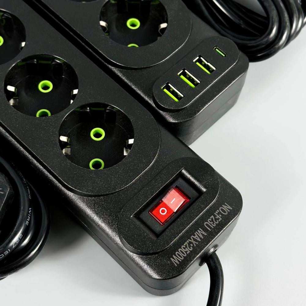 Удлинитель сетевой переноска 2м на 3 розетки з 3USB/Type-C UA Power F43U Черный (F23U 3r-3usb+Type-C-2m) - фото 5 Удлинитель сетевой переноска 2м на 3 розетки з 3USB/Type-C UA Power F43U Черный (F23U 3r-3usb+Type-C-2m) - фото 5