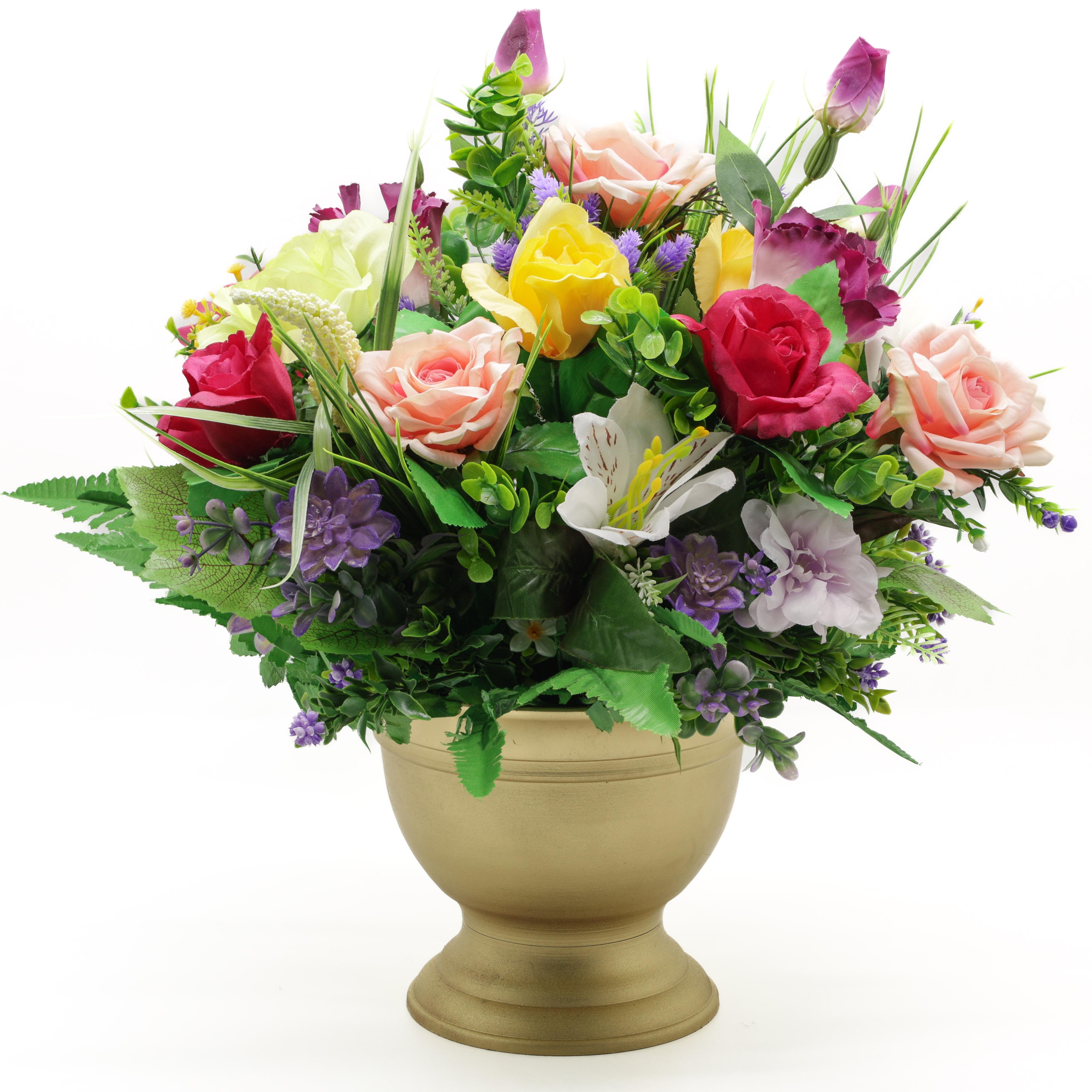 Композиция ДАЙС из искусственных разноцветных цветов и листочков в золотистом кашпо 30 см (КП3035)