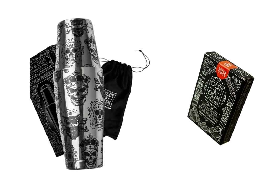 Подарунковий барний набір Olin&Olin бостон шейкер Череп для приготування коктейлів та комплект карток №1 з рецептами (5482-KI-Sh-s-St-1)