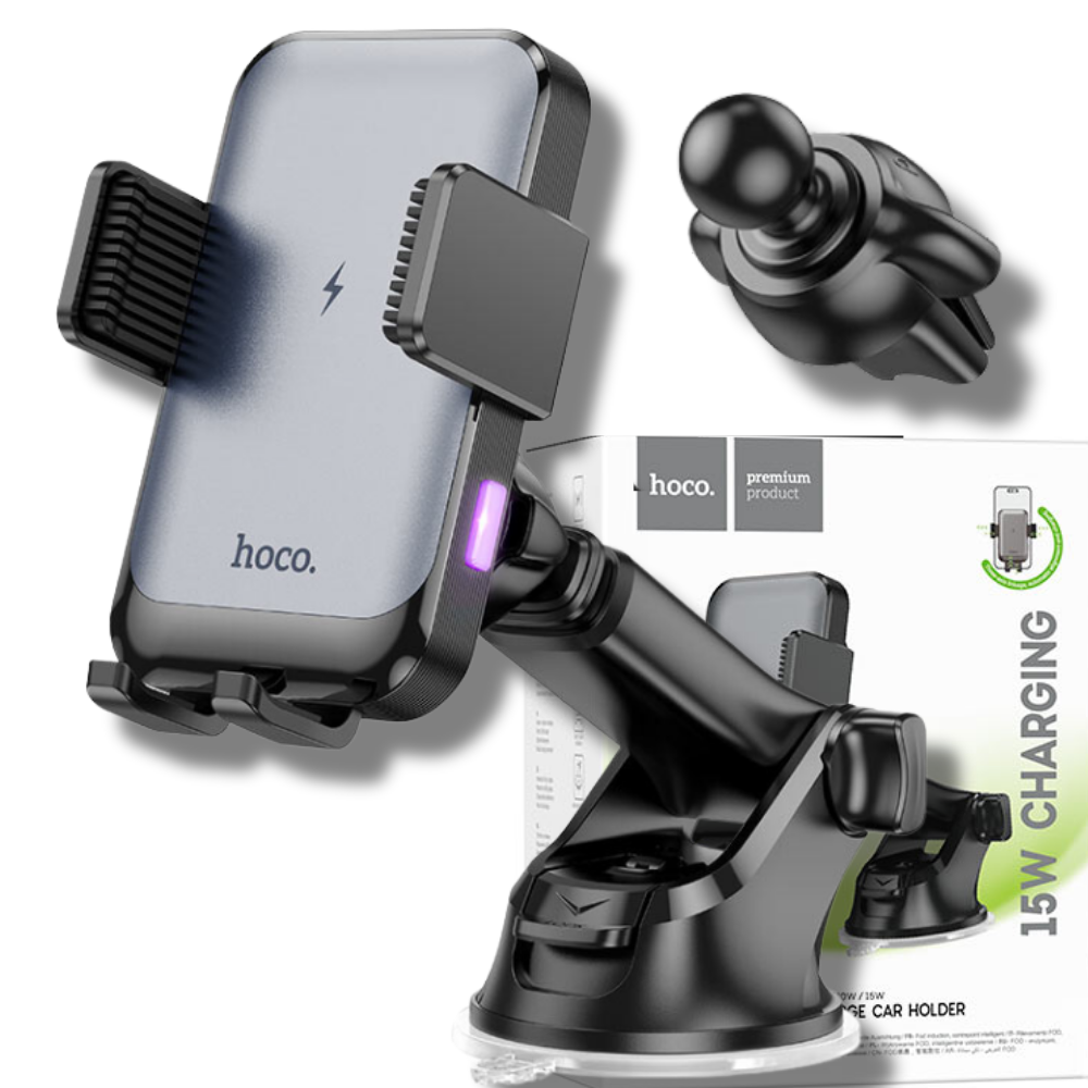Тримач для телефона в машину Hoco з бездротовою зарядкою на лобове скло/торпеду/дефлектор 15W Чорний (HW9)