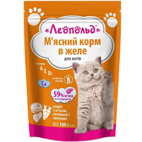 Корм для котів вологий Леопольд Асорті з м'ясом печінкою і овочами в желе пауч 100 г 24 шт. (000019310)