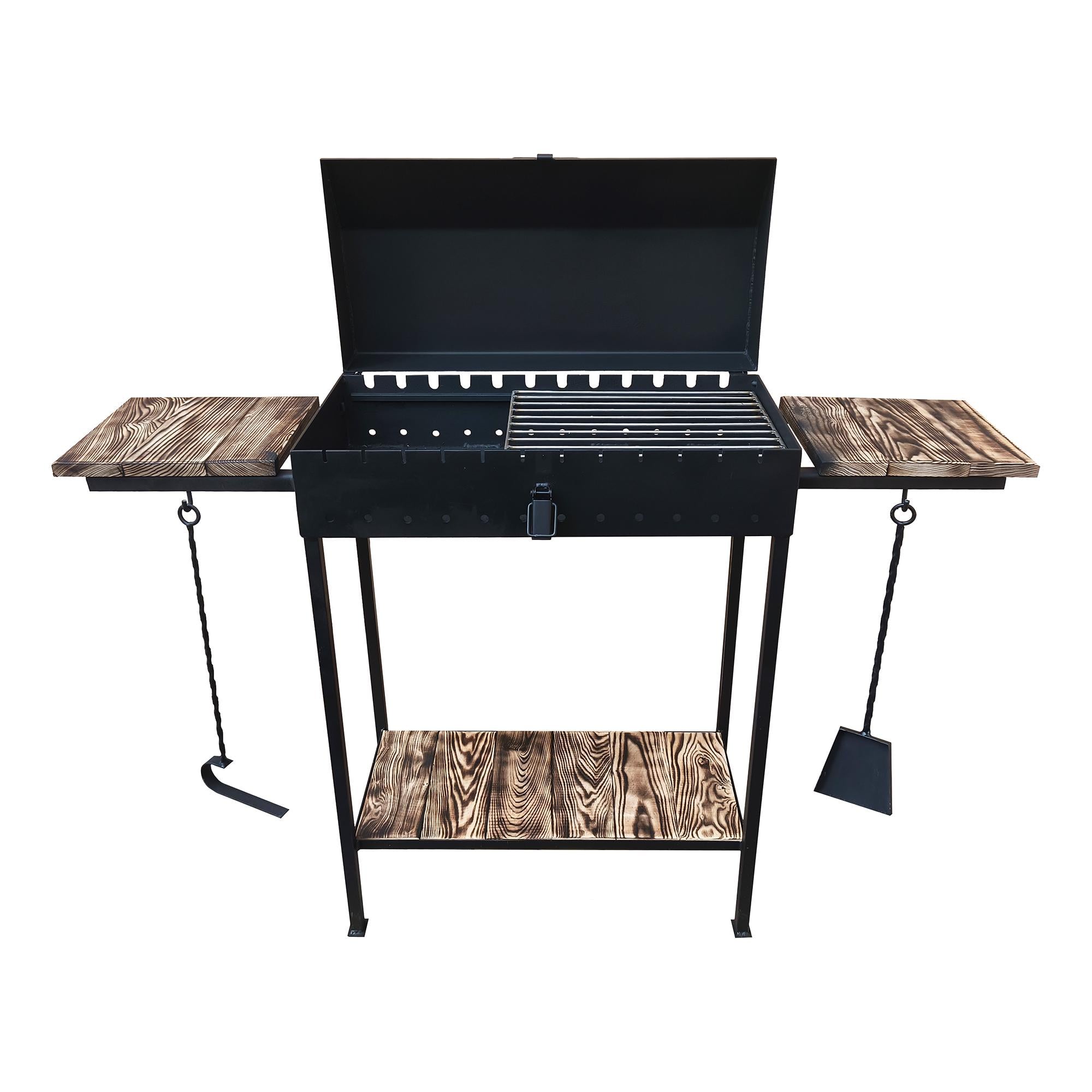 Мангал-барбекю на 12 шампуров 3 мм с крышкой со съемными ножками и деревянными полками (33083098)