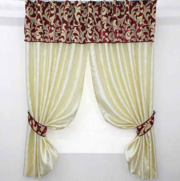 Занавеска кухонная с ламбрекеном 270х170 см Светло-золотистый/Бордовый (073к) Занавеска кухонная с ламбрекеном 270х170 см Светло-золотистый/Бордовый (073к)