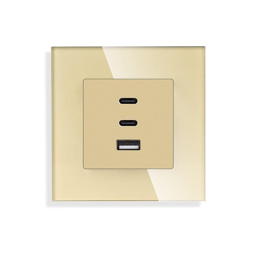 Розетка настенная LUXION USB Type-C с 65Вт дизайнерская стеклянная рамка Золотой (LX-65W-GD)