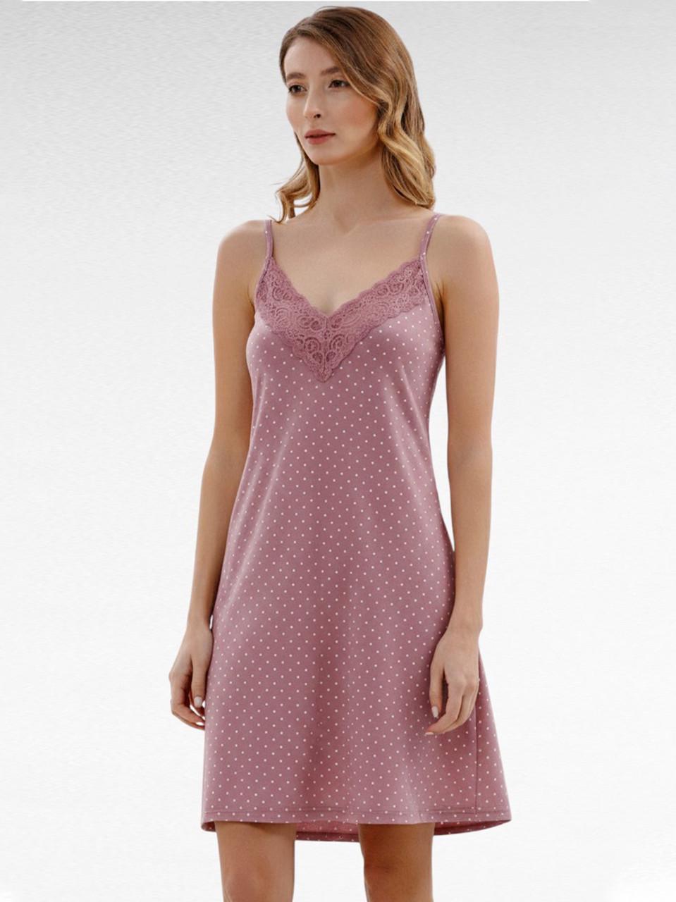 Нічна сорочка жіноча Roksana з мереживом у горошок S Рожевий (1175/16530)