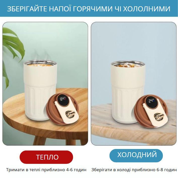 Термокухоль з інтелектуальним дисплеєм температури нержавіюча сталь з чорною кришкою 450 мл Білий (2466162331) - фото 7