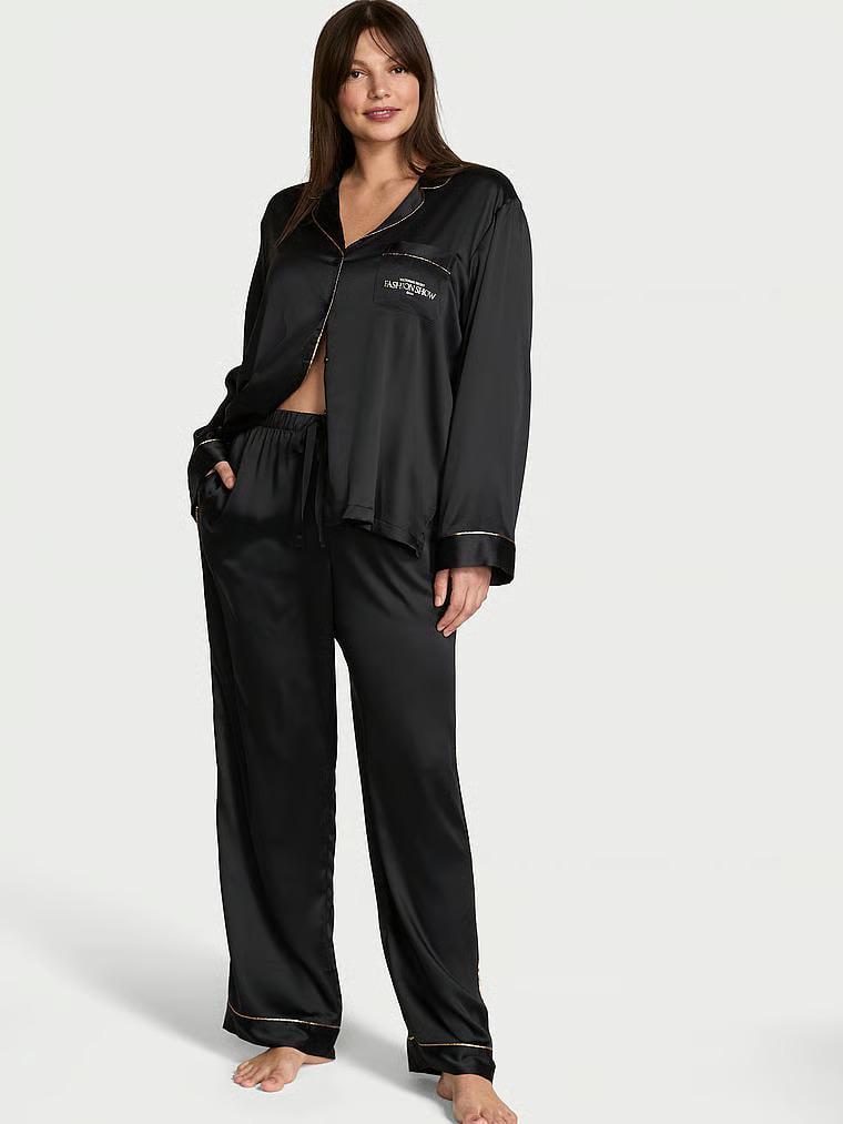 Піжама сатинова сорочка/штани Victoria's Secret Backstage Satin Sparkle Long Pajama Set Regular S Чорний (27162023)