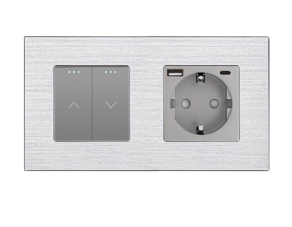 Выключатель двойной WALLPAD с розеткой и USB A+C 20Вт алюминий с заземлением Серый