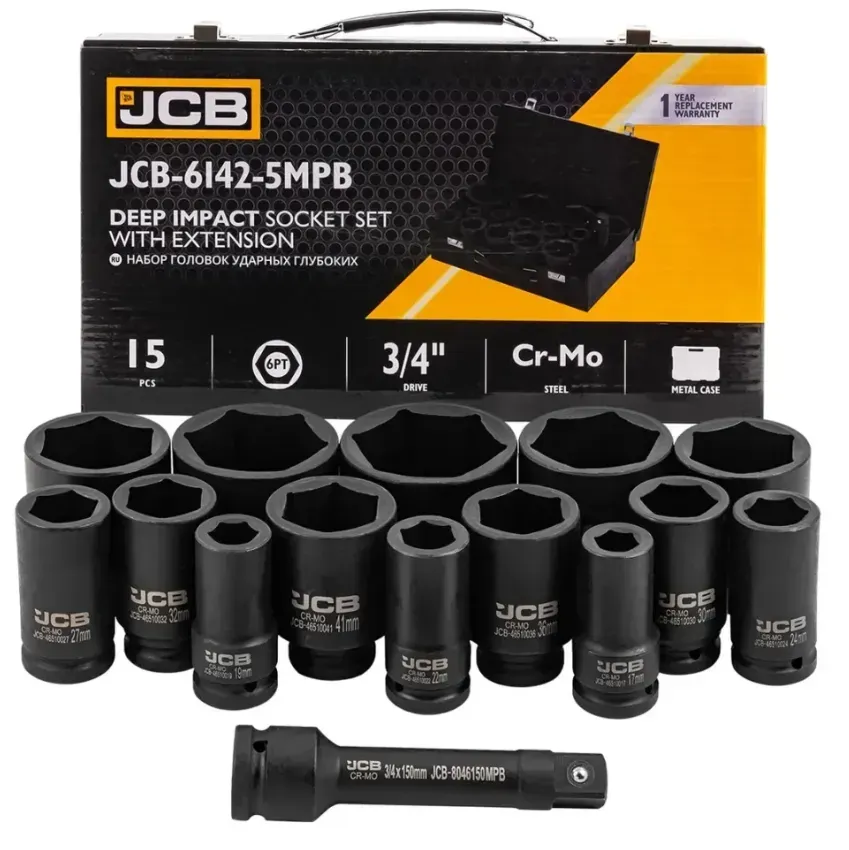 Набір головок JCB Tools ударних глибоких в металевому кейсі 14 од. 3/4'' 6-г 17-65 мм
