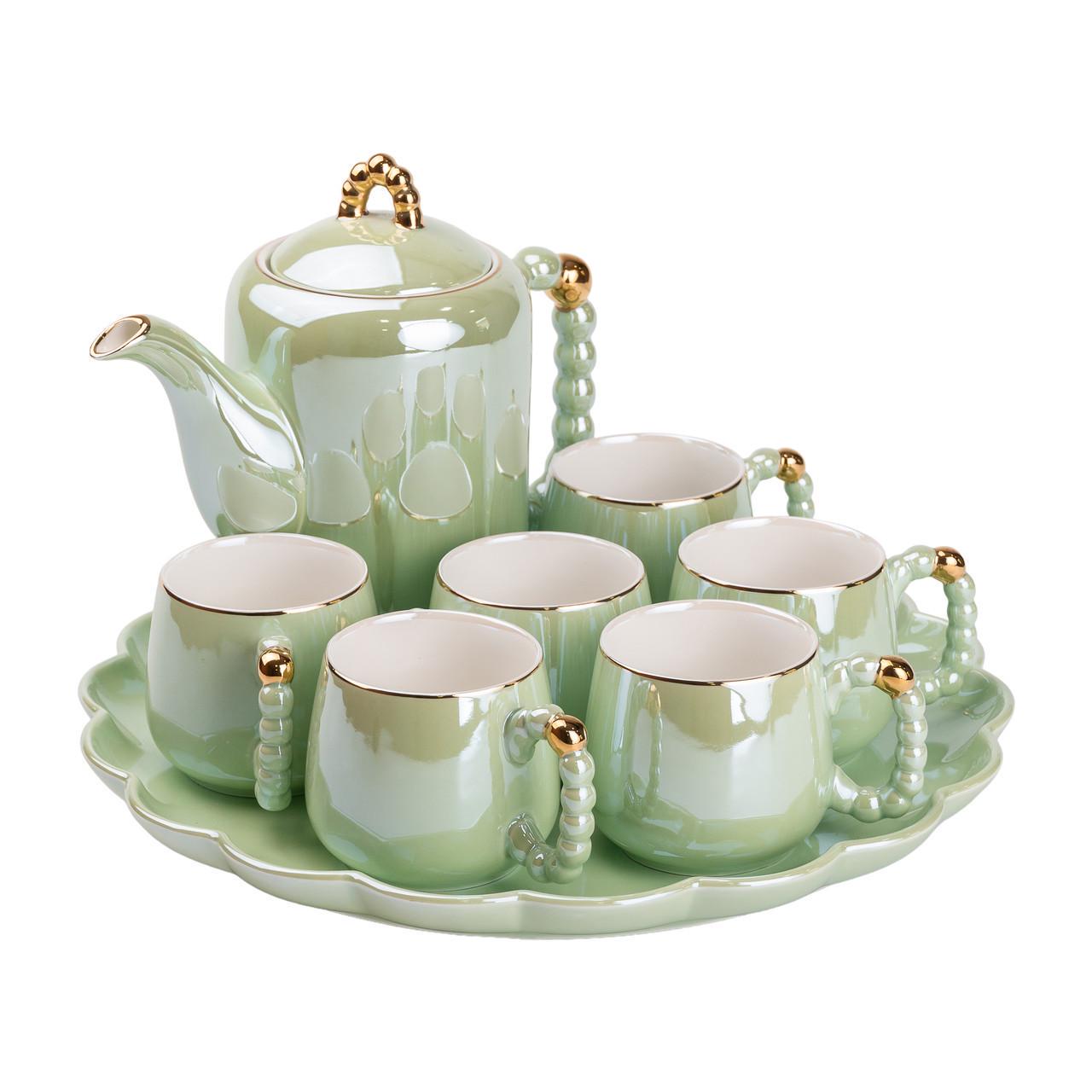 Чайный набор на 6 персон с заварочным чайником и керамической подставкой Зеленый - фото 7 Чайный набор на 6 персон с заварочным чайником и керамической подставкой Зеленый - фото 7