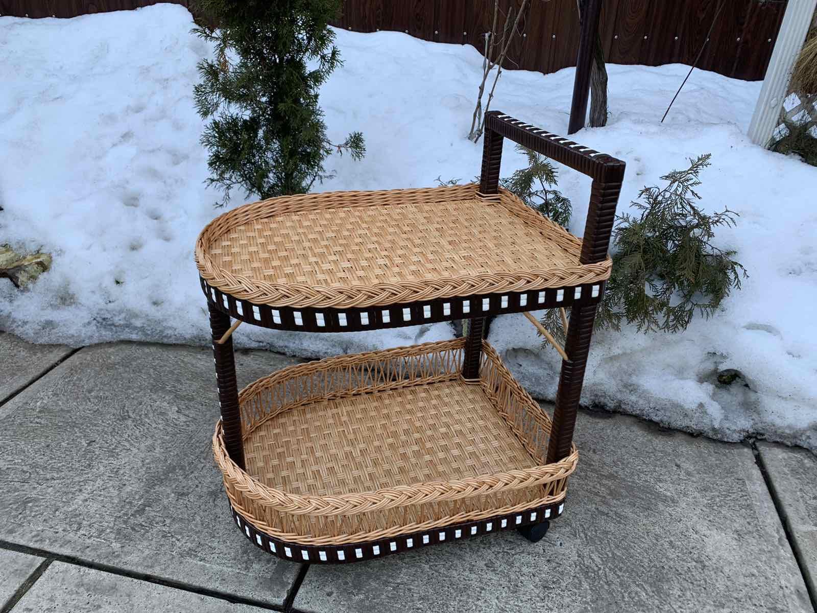 Стіл барний на колесах з лози та ротангу 63х48х60 см Коричневий/Бежевий