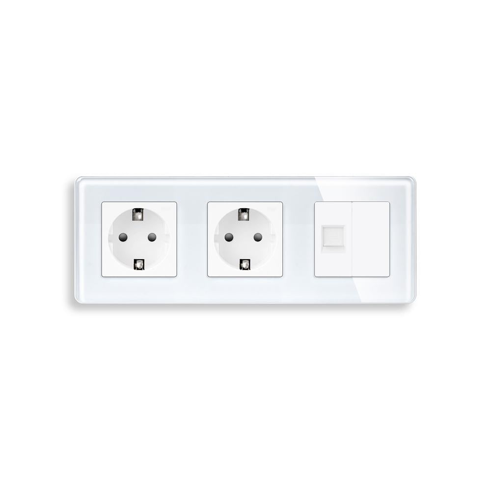 Розетка трехместная ELIOS силовая/интернет RJ-45 настенная стеклянная рамка Белый (TW-M3FCAT6BLK-WT)