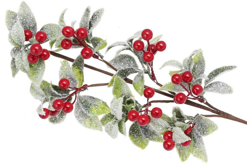 Веточка новогодняя 903550 с листьями и красными ягодами в инею 70 см