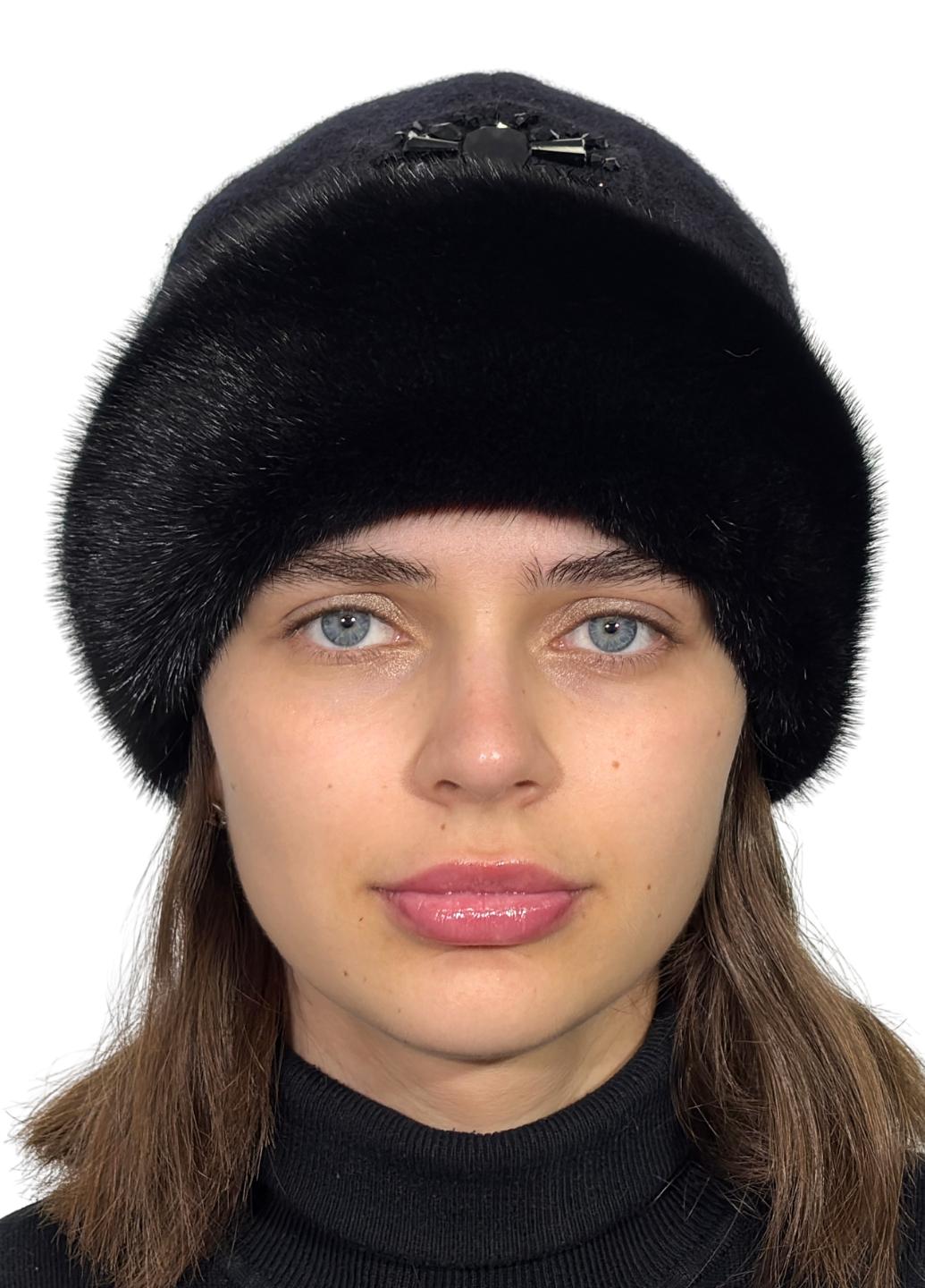 Женская вязаная шапка Меховой стиль Кашемир из натурального меха норки M-L Черный (125)
