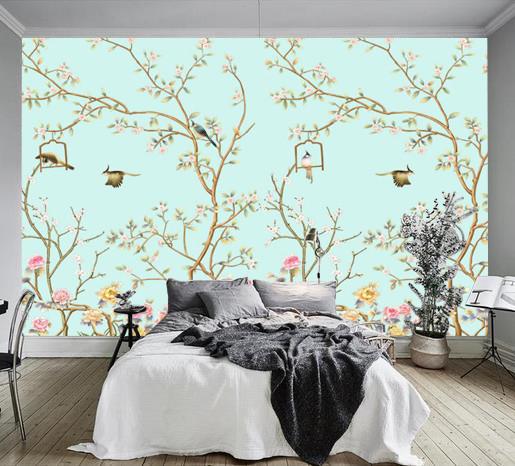 Фотошпалери, що миються флізелінові для спальні/зали/кухні Гілки на м'ятному тлі